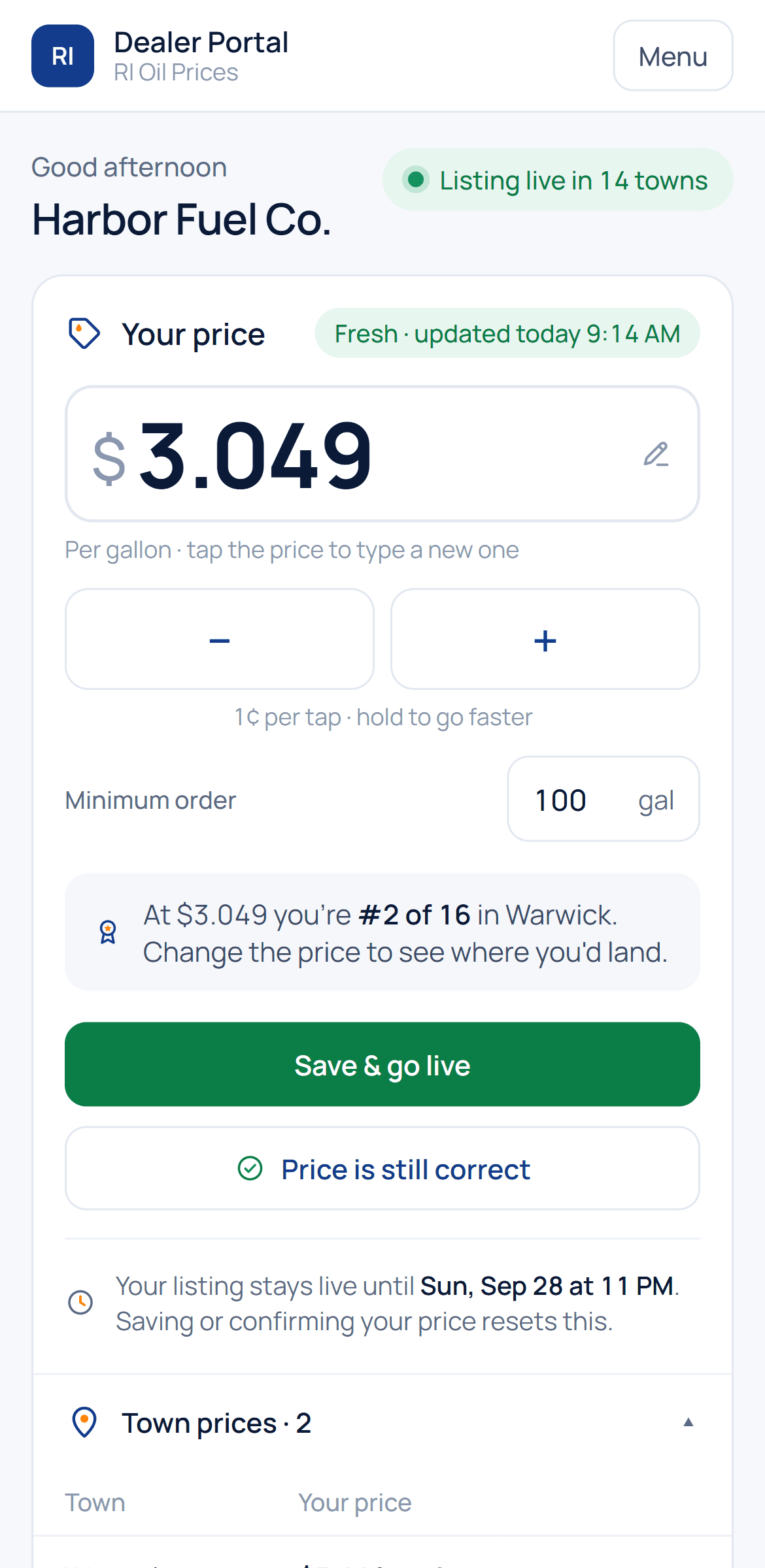 Dealer portal Home on a phone, with the price editor